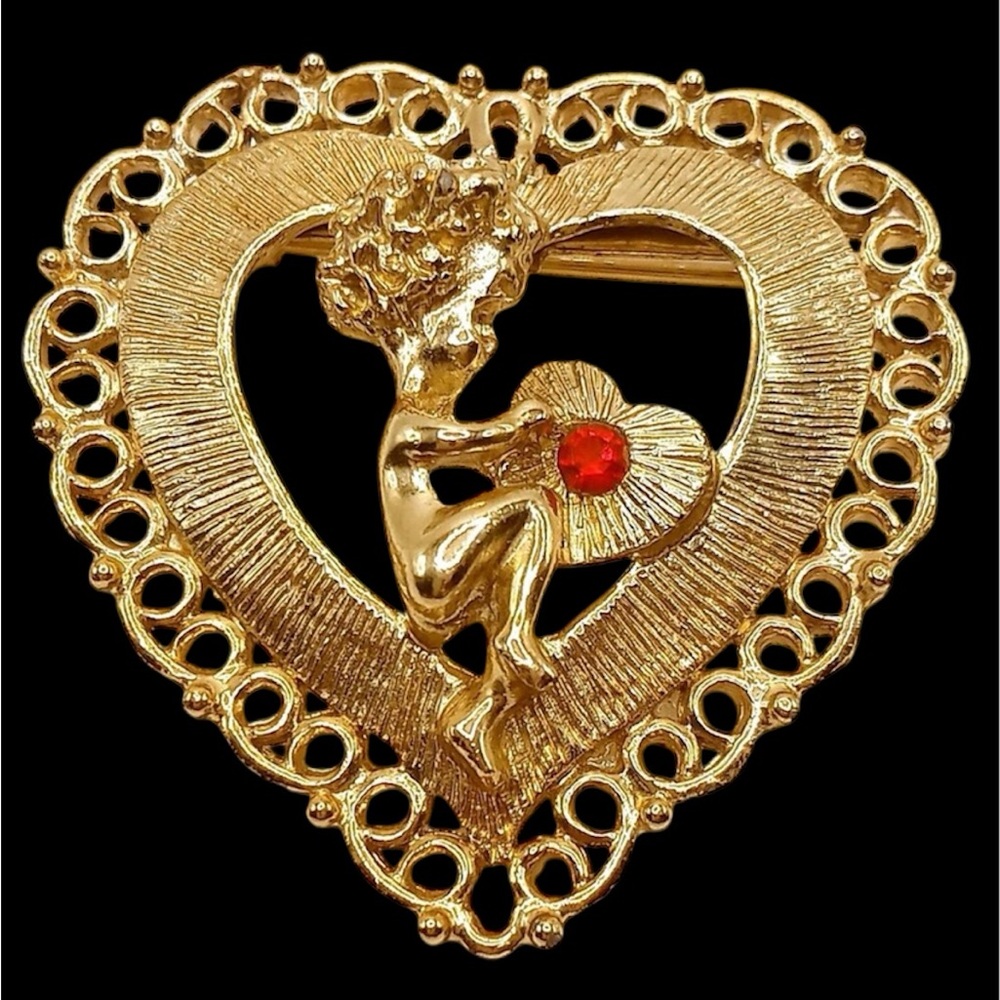 Vintage Gold B.J Beatrix Cupid Heart Red Rhinestone Love Brooch Pin
